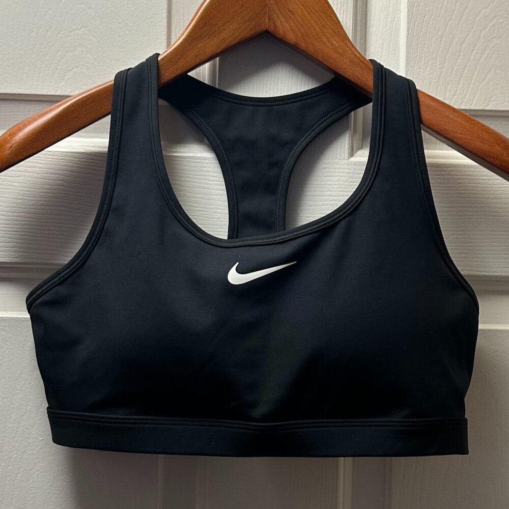 Nike Dri-FIT Swoosh Padded Sports Bra Black White Logo, Size L